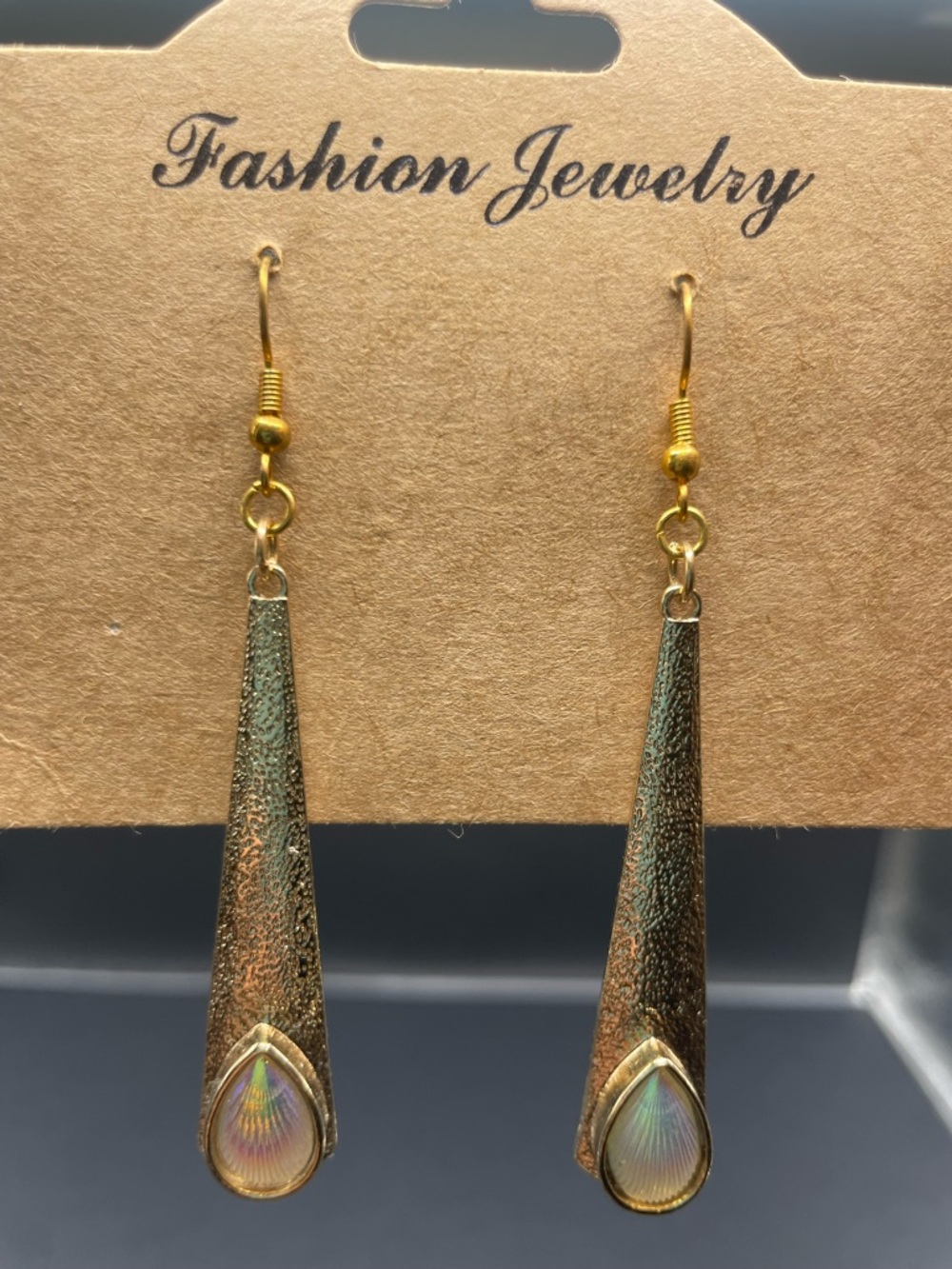 Fashion Jewelry Gold-Tone Textured Drop Earrings with Iridescent Teardrops